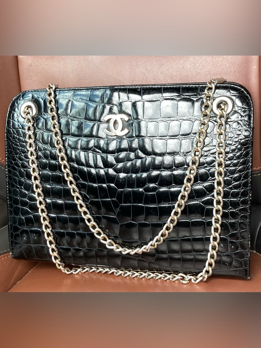 Vintage Croc Embossed Black Chain Purse